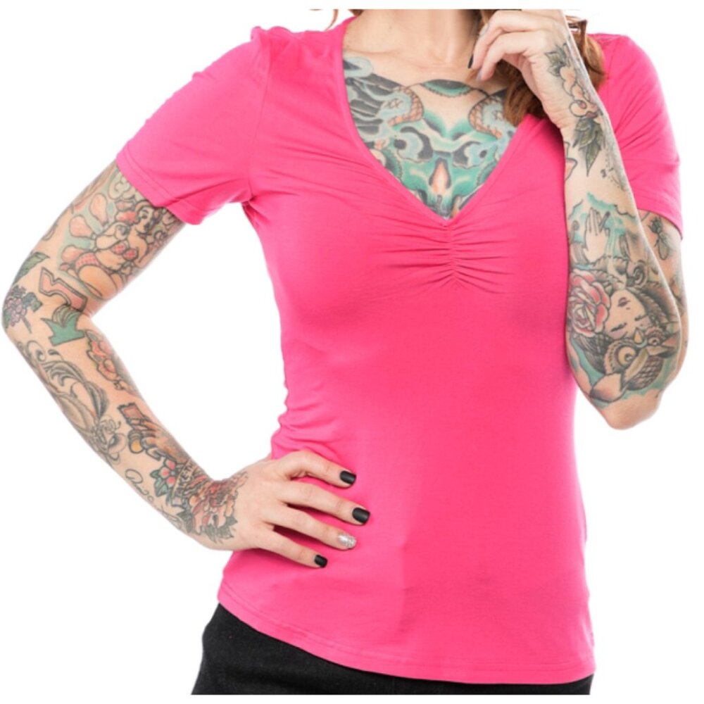 Sourpuss Ramona V-Neck Top Magenta Ruched Scrunched Hot Pink Short Sleeve Top XS